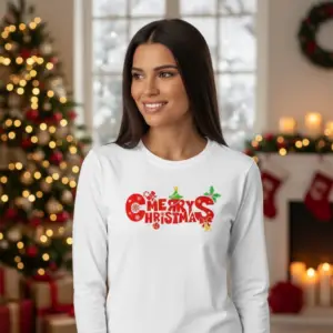 Коледна дамска бяла блуза „Merry Christmas“ с празнични коледни символи