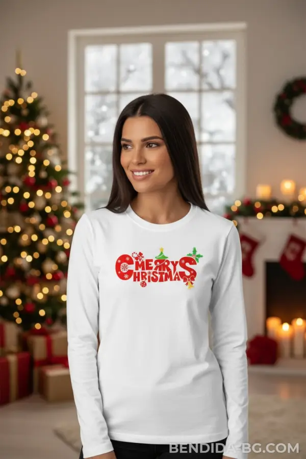 Коледна дамска бяла блуза „Merry Christmas“ с празнични коледни символи