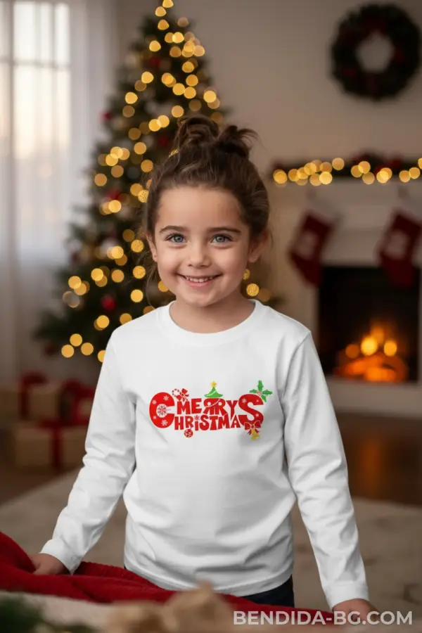 1760697297704699.png Детска коледна бяла блуза „Merry Christmas“ с празнични коледни символи- за момиче и момче