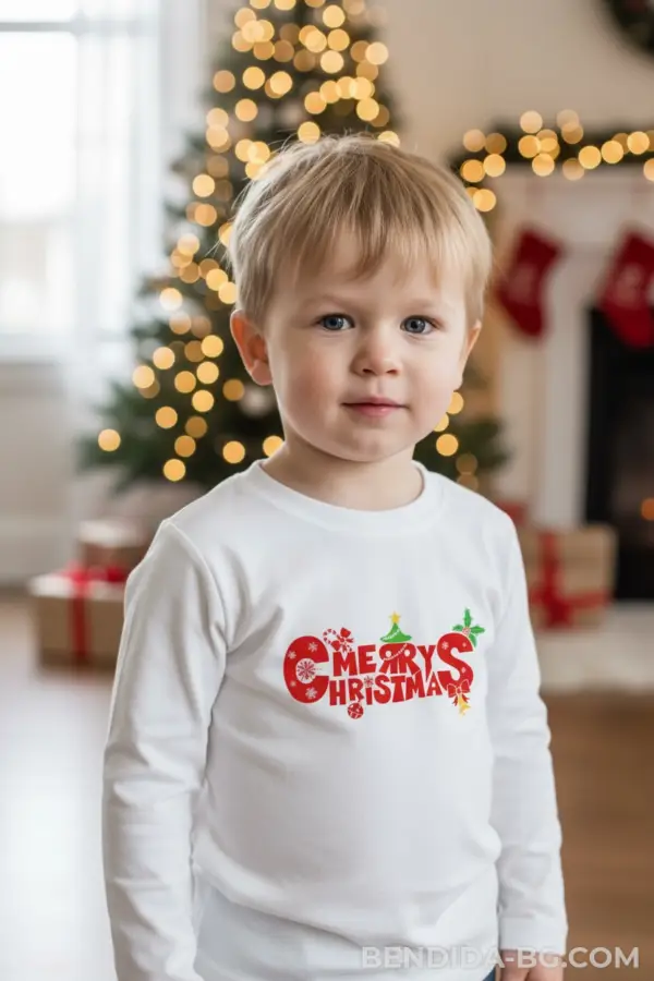 1760697297941025.png Детска коледна бяла блуза „Merry Christmas“ с празнични коледни символи- за момиче и момче