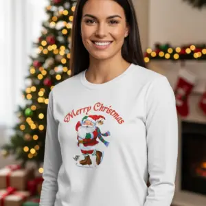 1760697298490158.png Коледна дамска бяла блуза с Дядо Коледа и надпис „Merry Christmas“