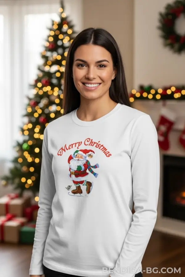 1760697298490158.png Коледна дамска бяла блуза с Дядо Коледа и надпис „Merry Christmas“