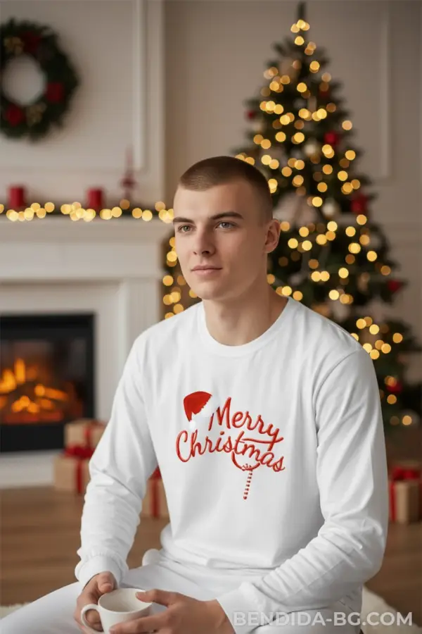 1760697298809497.png Коледна мъжка бяла блуза с празнично послание Merry Christmas