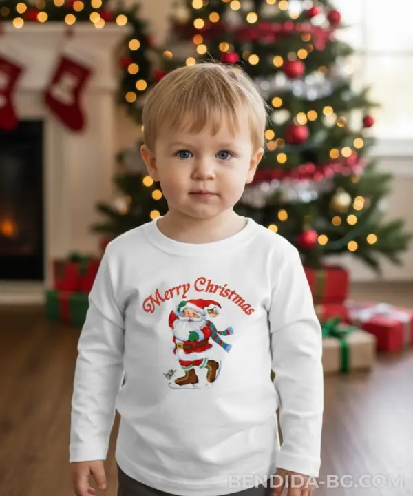 Детска коледна бяла блуза с Дядо Коледа и надпис „Merry Christmas“ - за момиче и момче
