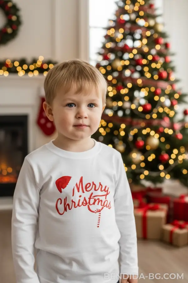 Детска коледна бяла блуза Merry Christmas - за момиче и момче