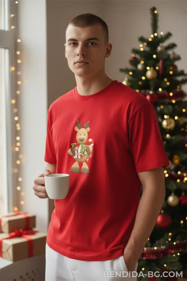 1761648735157493.png Коледна мъжка червена тениска с коледно еленче