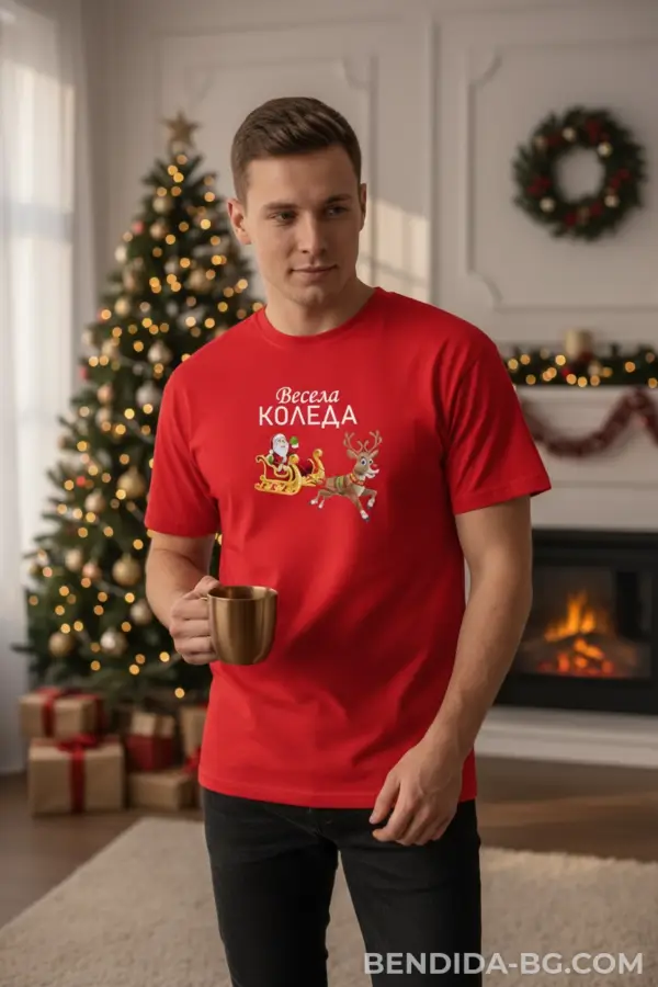 1761648735389883.png Коледна мъжка червена тениска с надпис 'Весела Коледа' и Дядо Коледа на шейната
