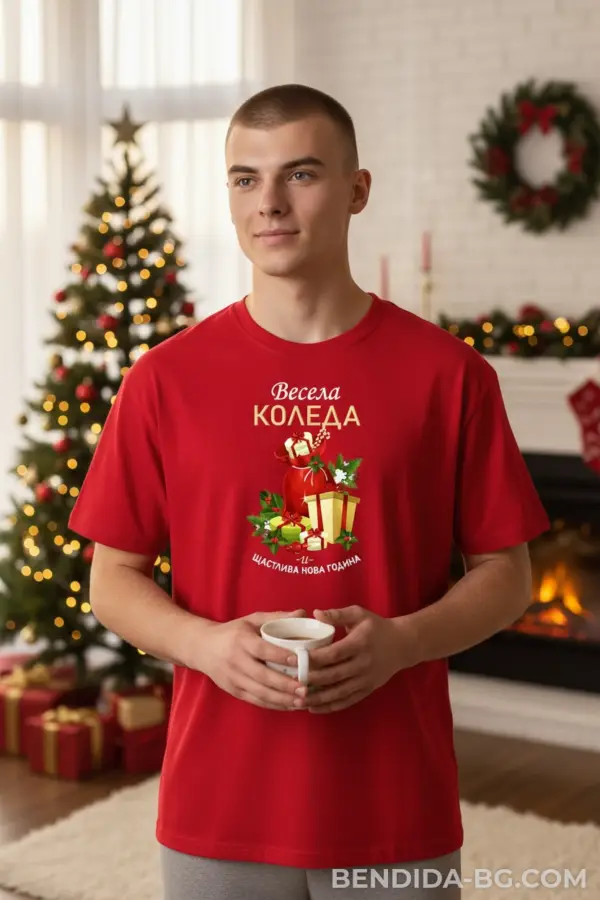 176164879992695.png Коледна мъжка червена тениска с надпис 'Весела Коледа' и подаръци