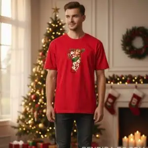Коледна мъжка червена тениска с коледен чорап