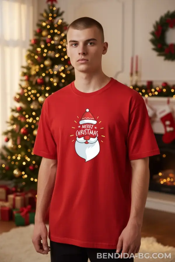 176164879993137.png Коледна мъжка червена тениска с надпис “Merry Christmas“