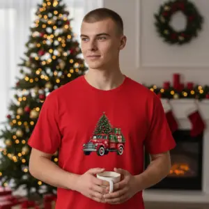 Коледна мъжка червена тениска с коледен камион