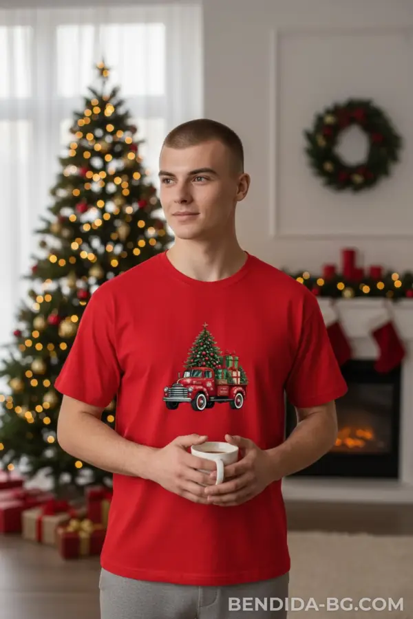 176164879993316.png Коледна мъжка червена тениска с коледен камион