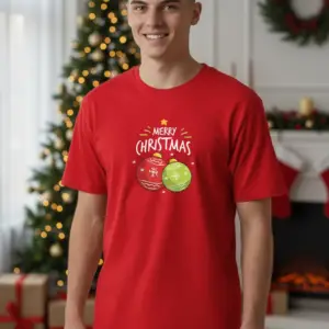 176164879996497.png Коледна мъжка червена тениска с надпис “Merry Christmas“ и коледни топки