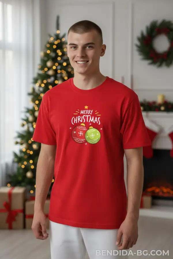 Коледна мъжка червена тениска с надпис “Merry Christmas“ и коледни топки