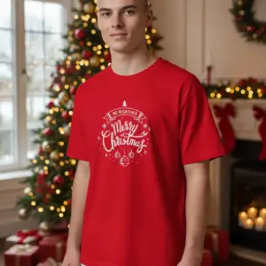 Коледна мъжка червена тениска с надпис “Merry Christmas“