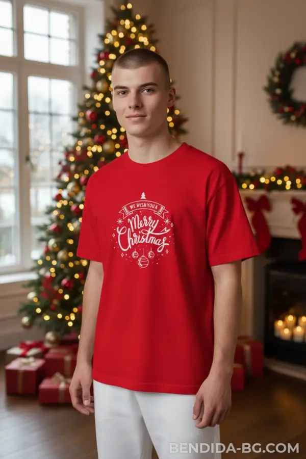 1761648854693917.png Коледна мъжка червена тениска с надпис “Merry Christmas“