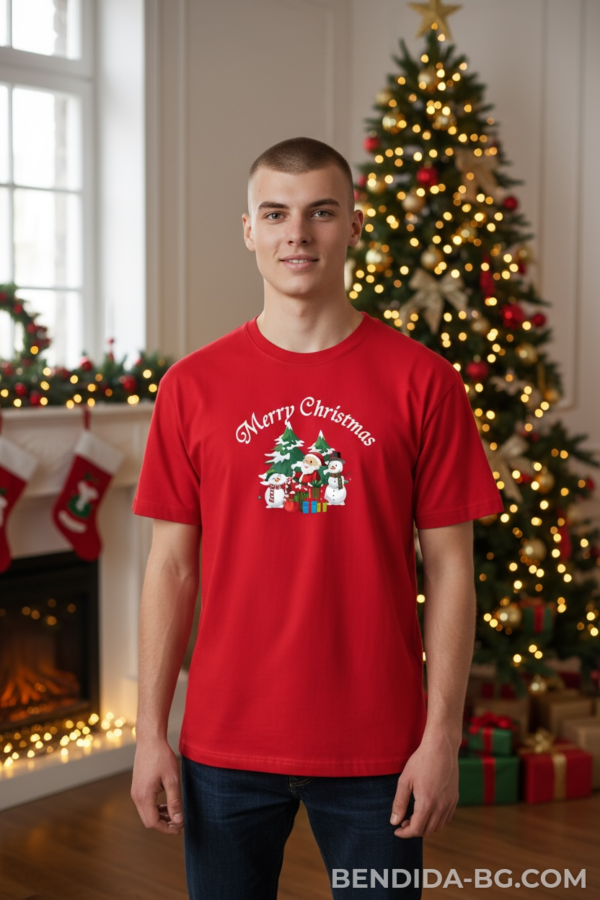 Коледна мъжка червена тениска с надпис “Merry Christmas“ с елхи и снежни човеци