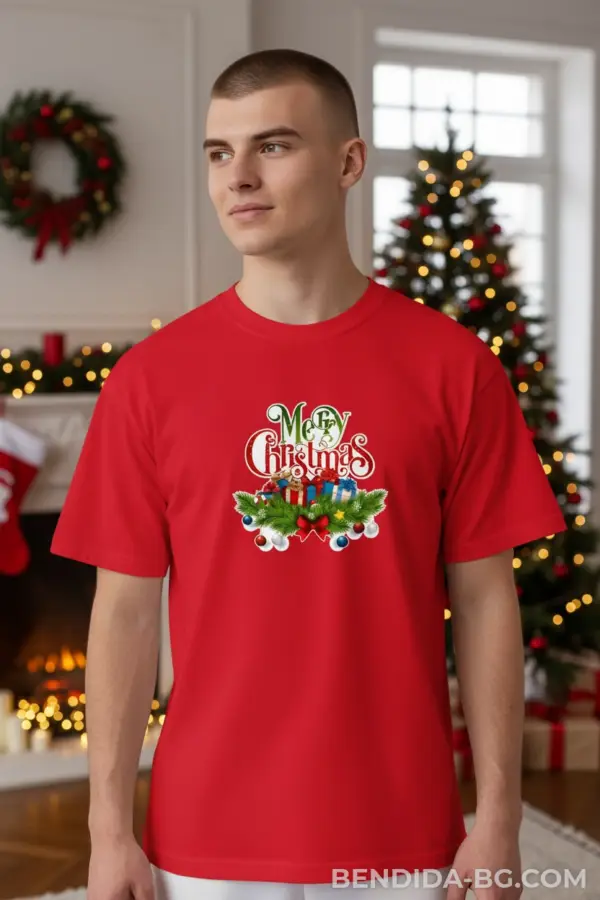 1761648857225291.png Коледна мъжка червена тениска с надпис “Merry Christmas“ и коледен венец