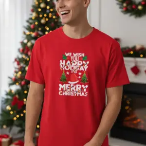 Коледна мъжка червена тениска с надпис “Merry Christmas“ и "Happy Holiday''