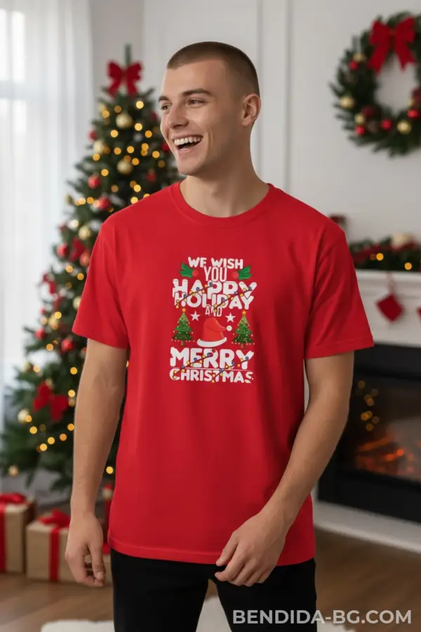 Коледна мъжка червена тениска с надпис “Merry Christmas“ и "Happy Holiday''