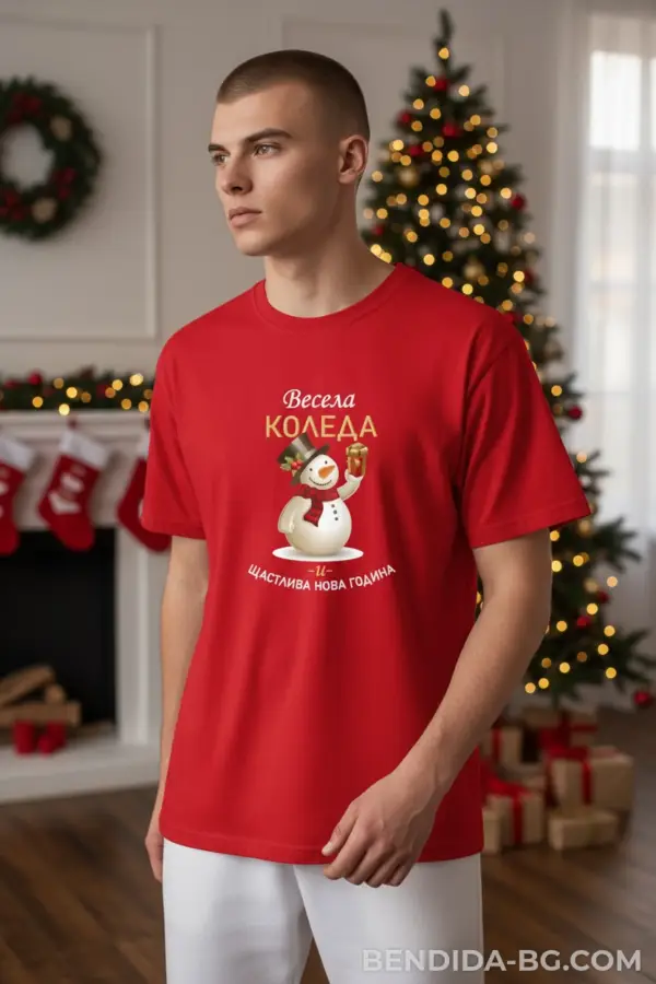 1761648993696640.png Коледна мъжка червена тениска с надпис 'Весела Коледа' и снежко