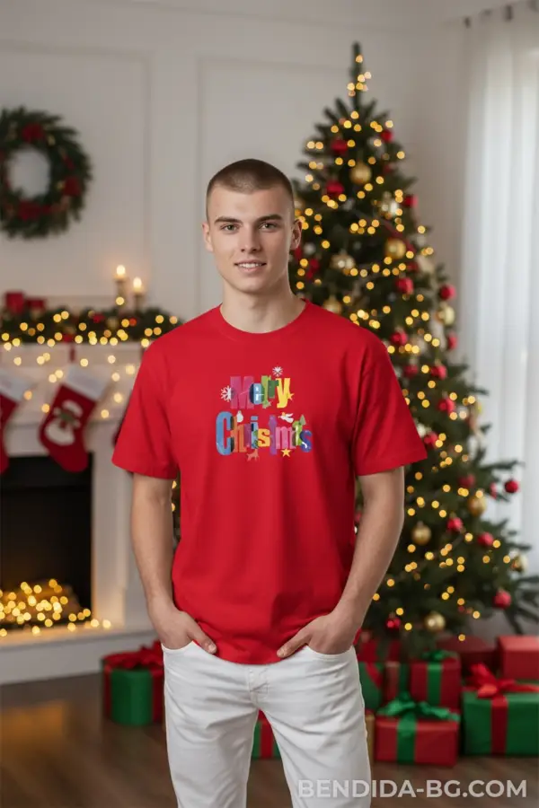Коледна мъжка червена тениска с надпис “Merry Christmas“