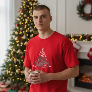 1761649034559503.png Коледна мъжка червена тениска с надпис “Merry Christmas“ под формата на елха