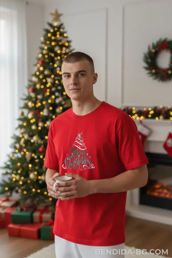 Коледна мъжка червена тениска с надпис “Merry Christmas“ под формата на елха