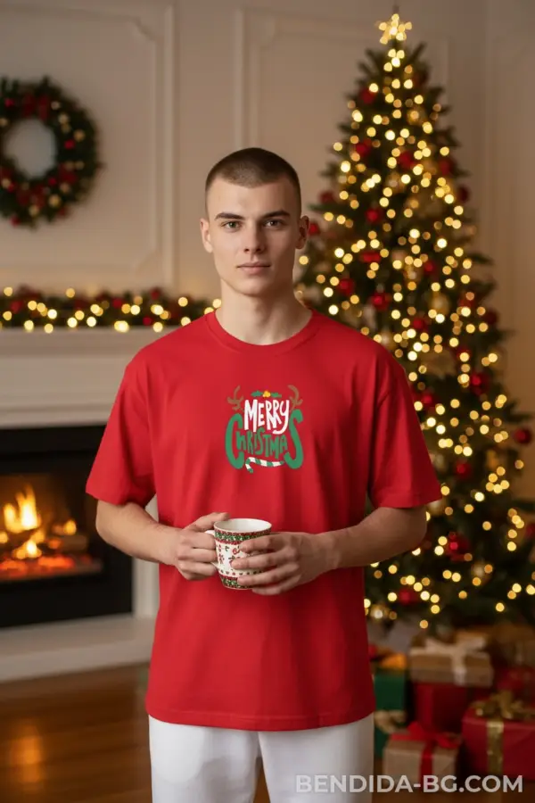 Коледна мъжка червена тениска с надпис “Merry Christmas“