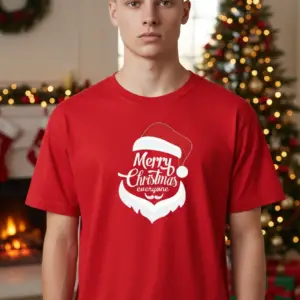 Коледна мъжка червена тениска с надпис “Merry Christmas“ и брада на Дядо Коледа