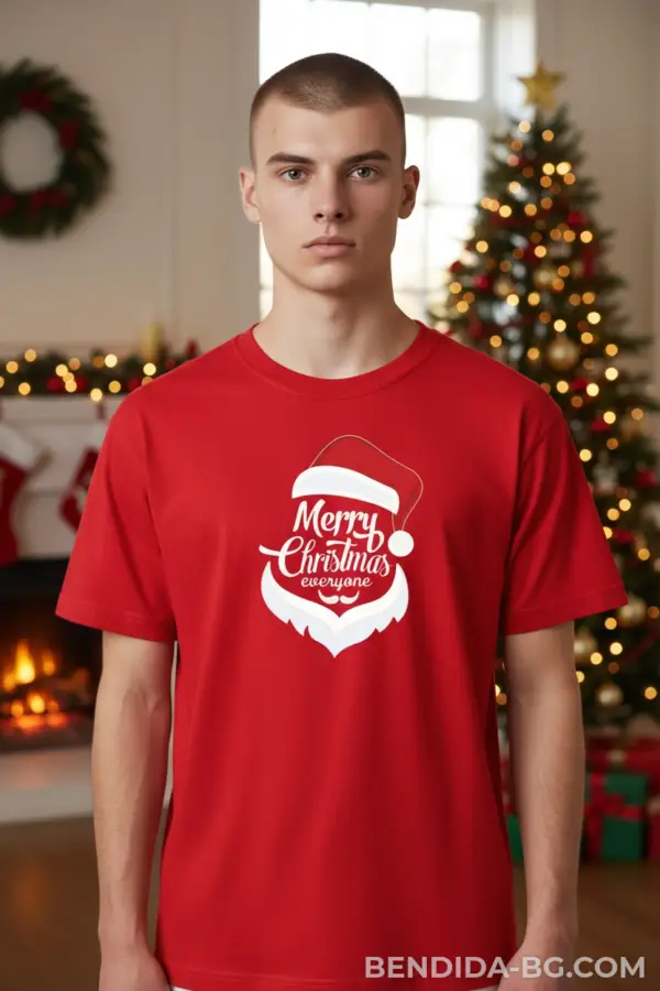 Коледна мъжка червена тениска с надпис “Merry Christmas“ и брада на Дядо Коледа