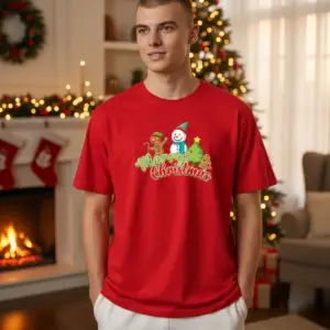 1761649050982079.png Коледна мъжка червена тениска с надпис “Merry Christmas“ и снежен човек