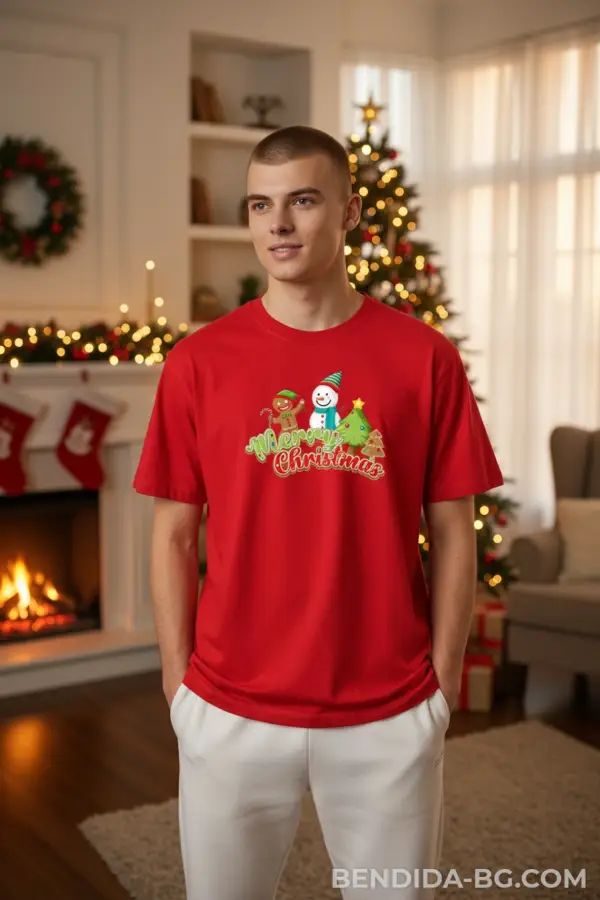 1761649050982079.png Коледна мъжка червена тениска с надпис “Merry Christmas“ и снежен човек