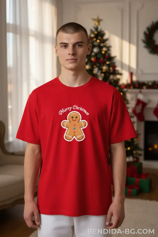 1761649113280161.png Коледна мъжка червена тениска с надпис “Merry Christmas“ и коледна курабийка