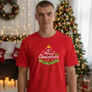Коледна мъжка червена тениска с надпис “Merry Christmas“