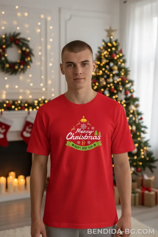 Коледна мъжка червена тениска с надпис “Merry Christmas“