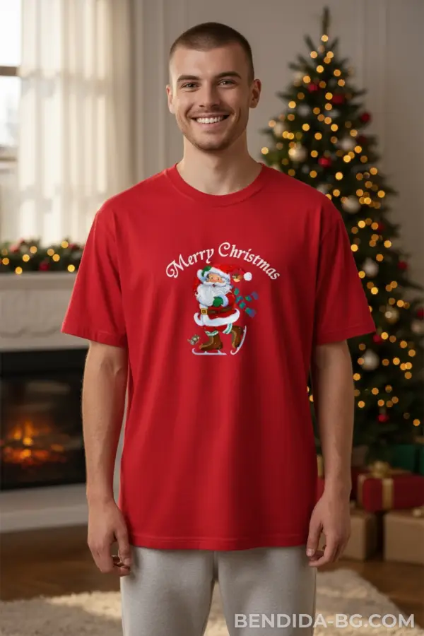 1761649114176096.png Коледна мъжка червена тениска с надпис “Merry Christmas“ и Дядо Коледа