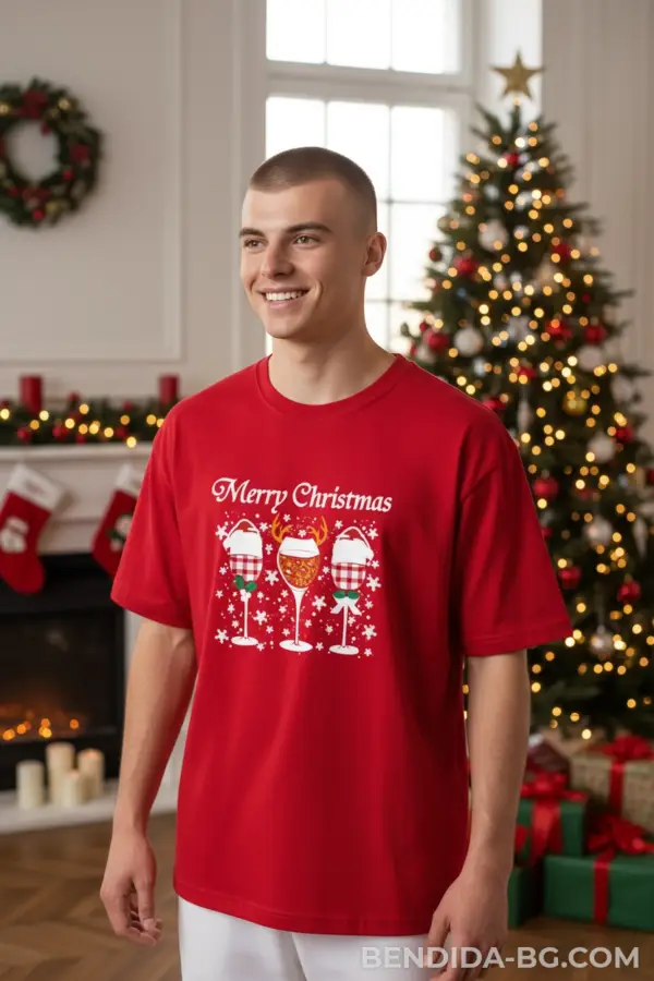 Коледна мъжка червена тениска с надпис “Merry Christmas“ и чаши за вино