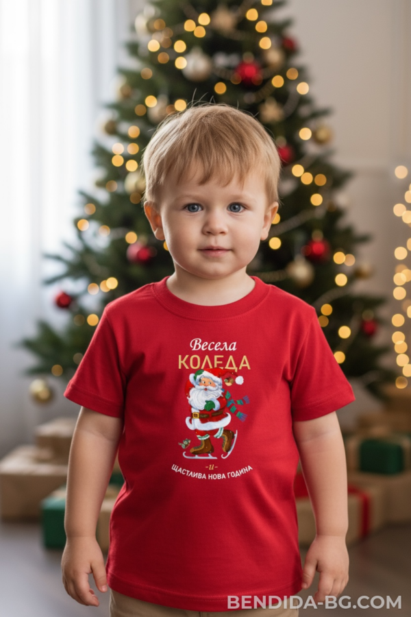 1761653586762701.png Коледна детска червена тениска за момче и момиче с надпис 'Весела Коледа'