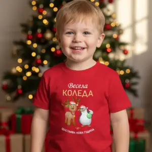 1761653972589377.png Коледна детска червена тениска за момче и момиче с еленче,пингвинче и надпис 'Весела Коледа'