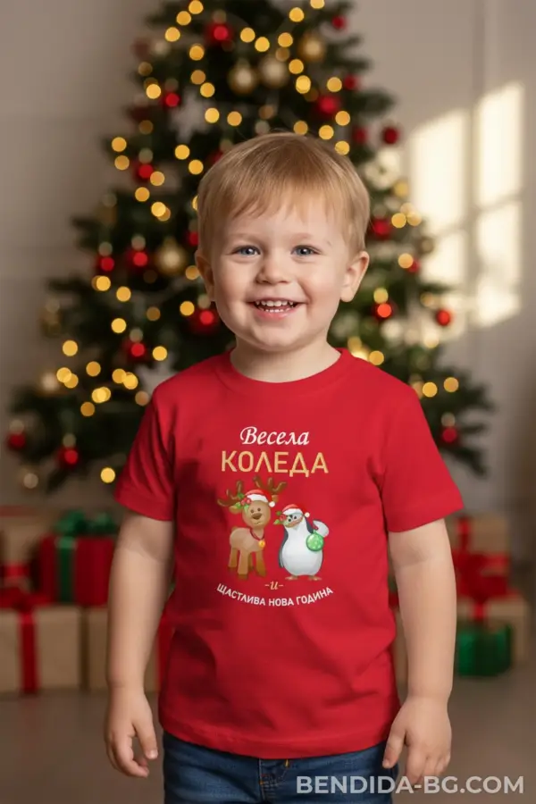 1761653972589377.png Коледна детска червена тениска за момче и момиче с еленче,пингвинче и надпис 'Весела Коледа'