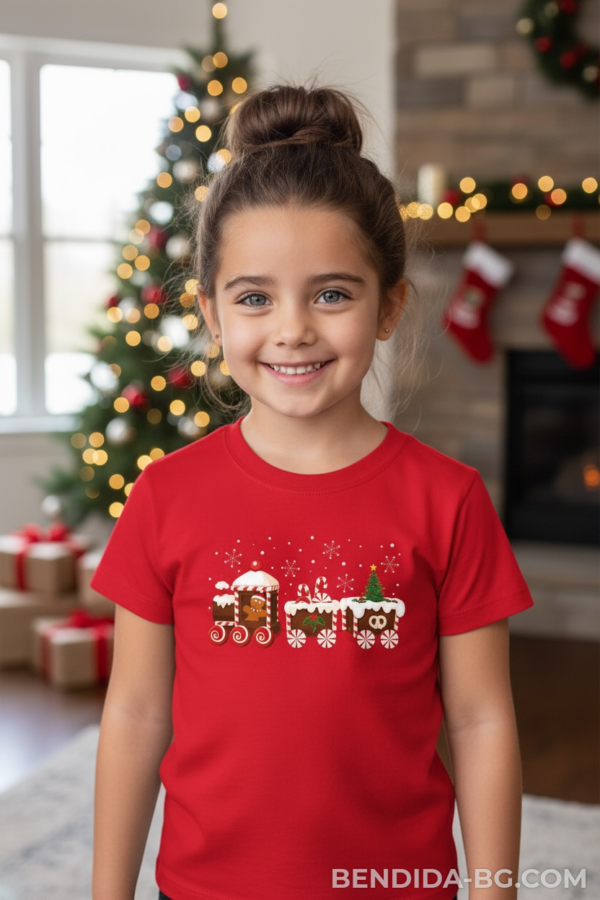 1761654049300423.png Коледна детска червена тениска за момче и момиче с коледно влакче