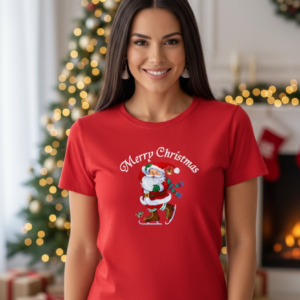 Коледна дамска червена тениска с надпис “Merry Christmas“ и Дядо Коледа