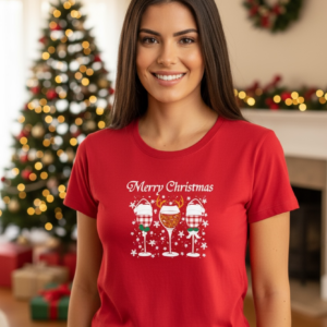 Коледна дамска червена тениска с надпис “Merry Christmas“ и чаши за вино