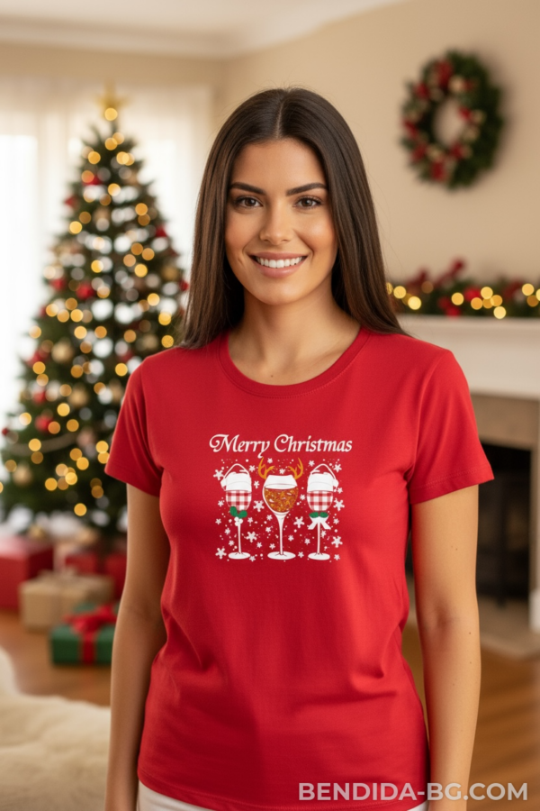 1761658217592354.png Коледна дамска червена тениска с надпис “Merry Christmas“ и чаши за вино