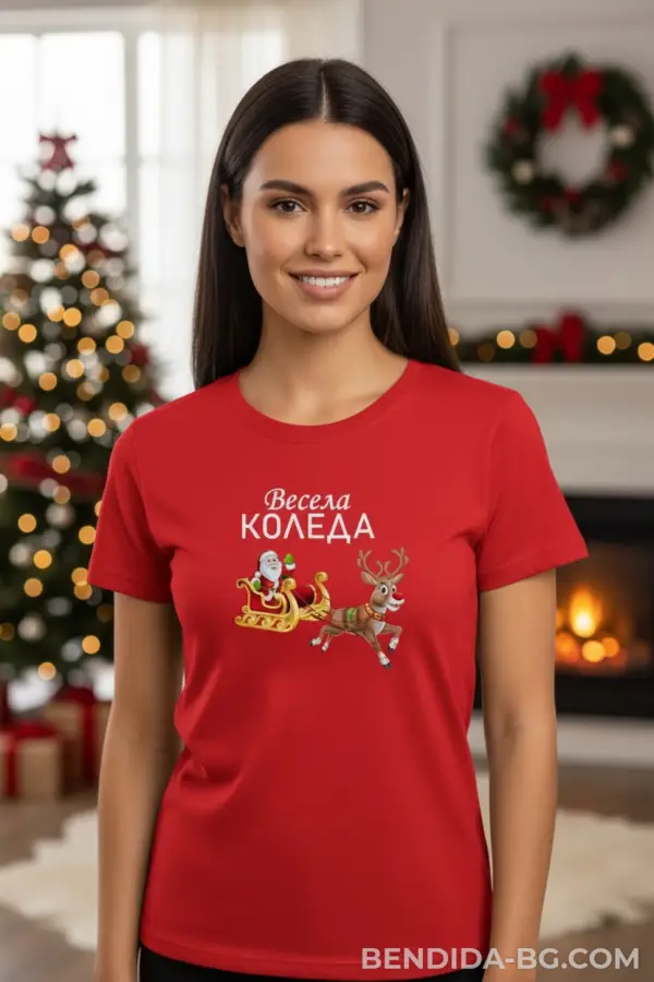Коледна дамска червена тениска с надпис 'Весела Коледа' и Дядо Коледа на шейната