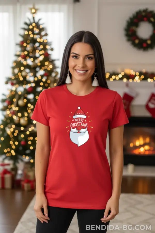 Коледна дамска червена тениска с надпис “Merry Christmas“