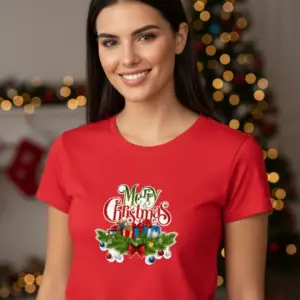 Коледна дамска червена тениска с надпис “Merry Christmas“ и коледен венец