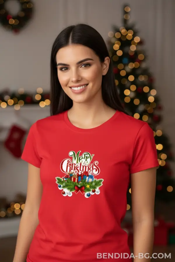 Коледна дамска червена тениска с надпис “Merry Christmas“ и коледен венец