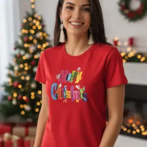 1761658765962530.png Коледна дамска червена тениска с надпис “Merry Christmas“